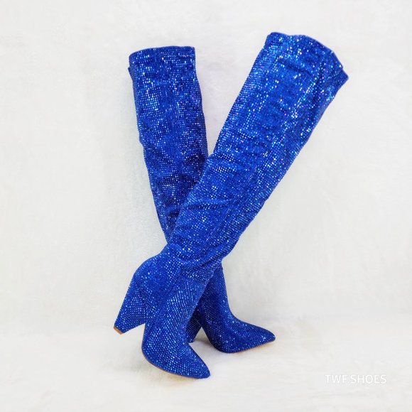 Mata Shoes Shoes Vegas Blue Rhinestone Over The Knee Thigh Boots M 655680e424237a64d723c00d